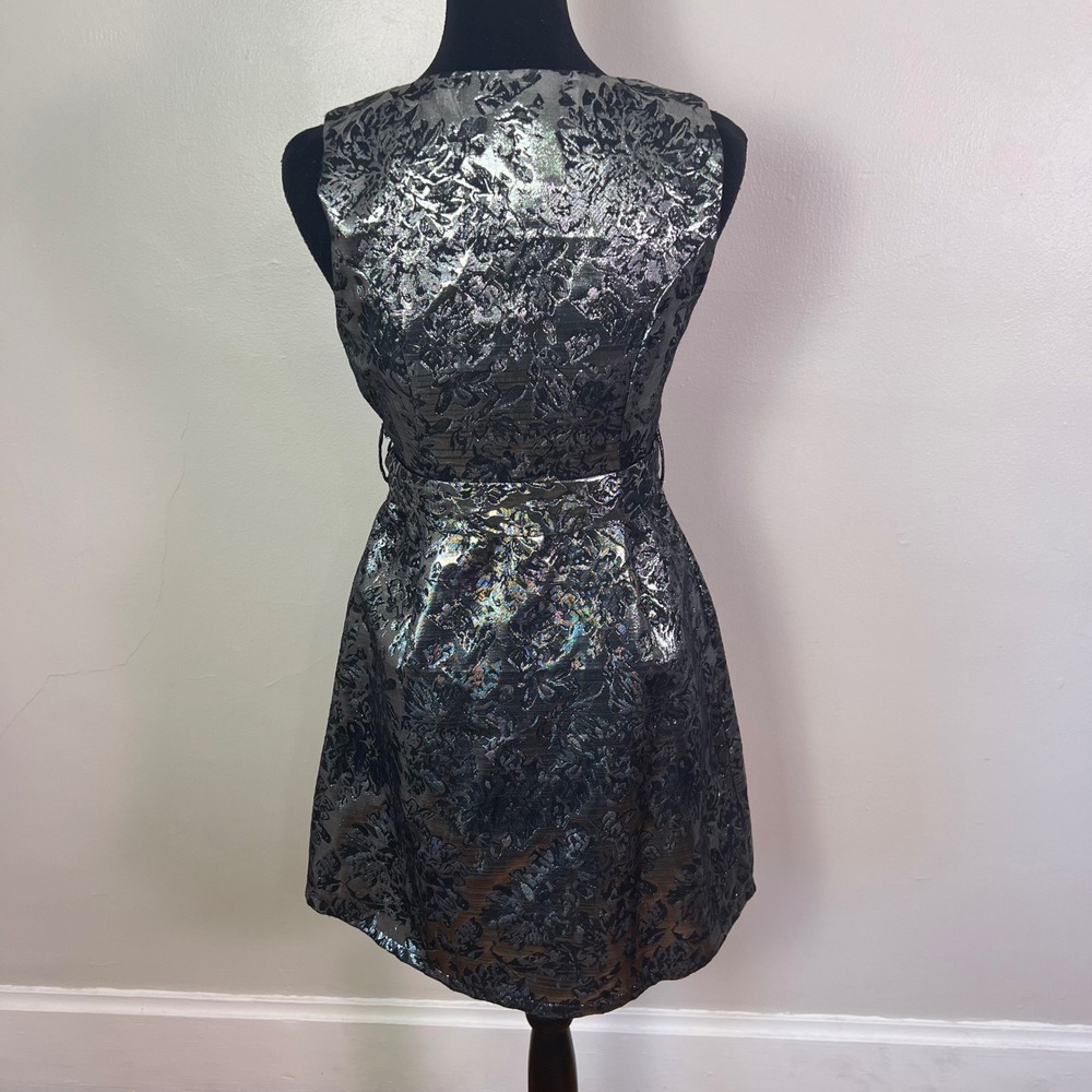 YA Los Angeles Floral Brocade Fit Flare Dress S Silver Metallic Cocktail Party - Picture 6 of 10